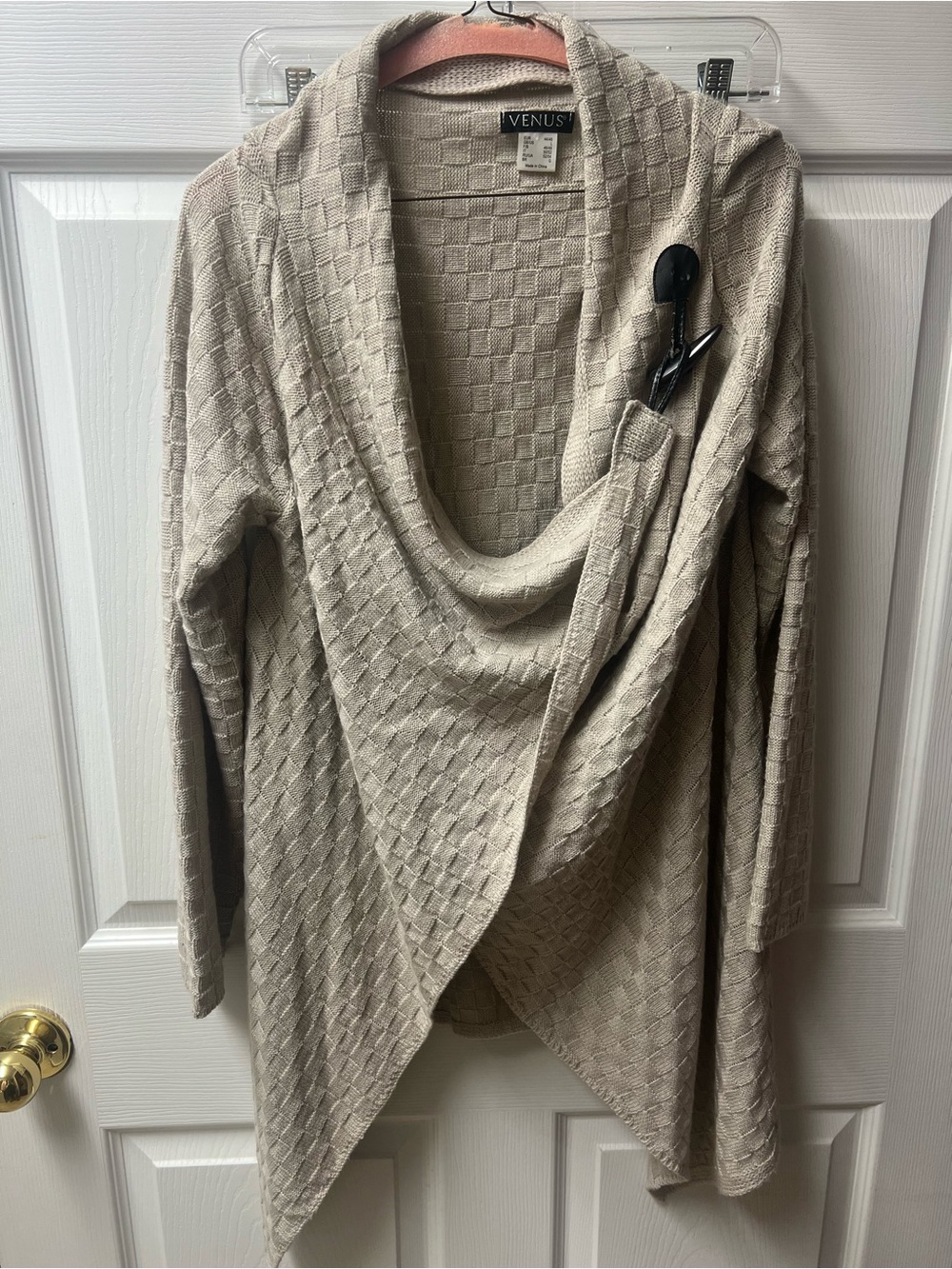 VENUS Taupe Open Drape-Front Textured Cardigan